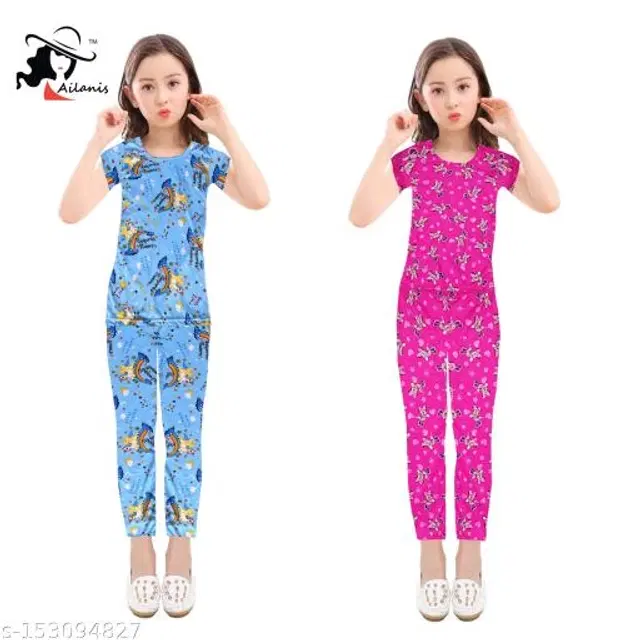 Polycotton Nightsuit for Girls, Pack of 2 (Sky Blue & Pink, 3-4 Years)