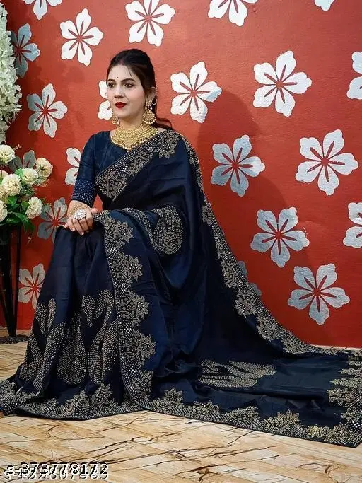 Chiffon Embellished Saree For Women, Navy Blue