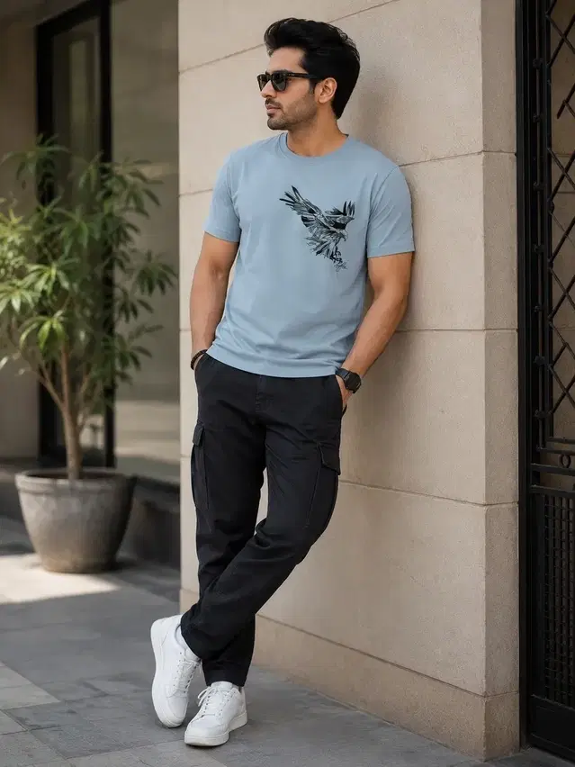 Round Neck Printed T-Shirt for Men (Grey, XL)