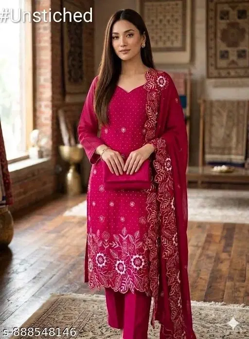 Georgette Embroidered Unstitched Suits for Women (Fuchsia, S)