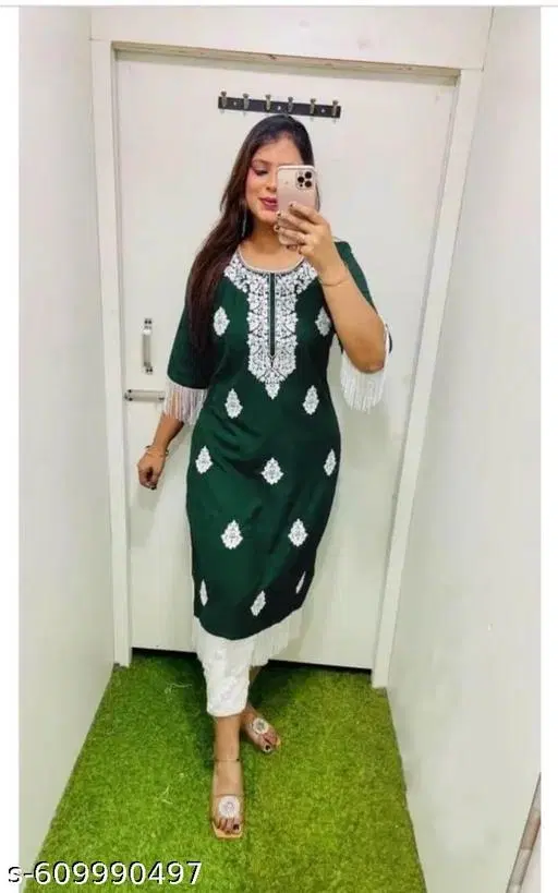 Embroidered Bamboo Kurta Set for Women (Green, L)