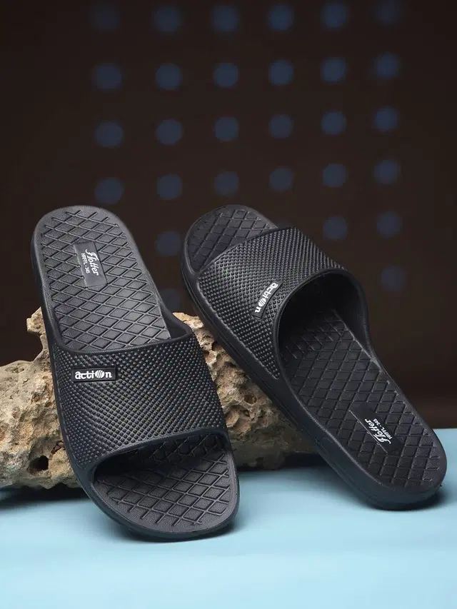 action Casual Slippers for Men (Black, 9)