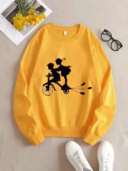 Fleece Printed Sweatshirt for Women (Yellow, M)