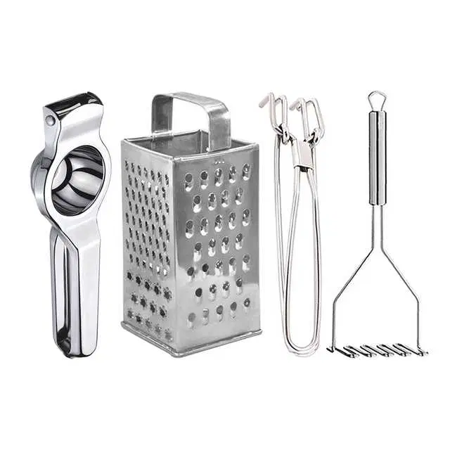 Oc9 Stainless Steel Lemon Squeezer & 4 in 1 Grater Or Slicer & Utility Pakkad & Potato Masher Kitchen Tool Set, O-116
