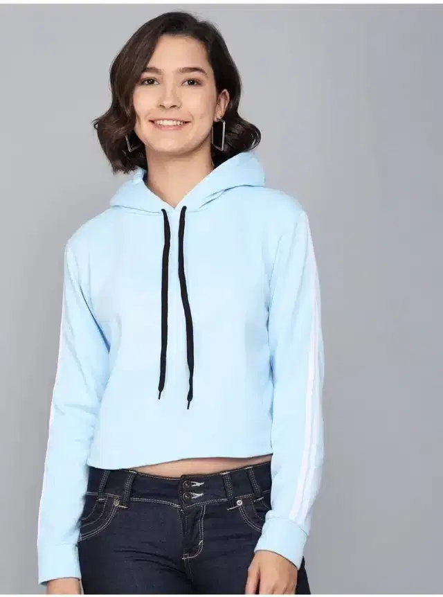 Fleece Solid Hoodie for Women (Sky Blue, S)