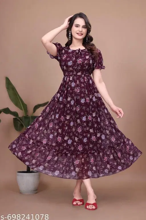 Calf-Length Floral Printed One Piece Dress (Purple, S)