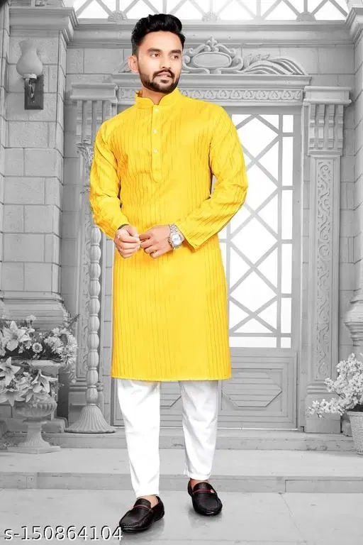 Cotton Blend Self Design Kurta Set for Men (S)
