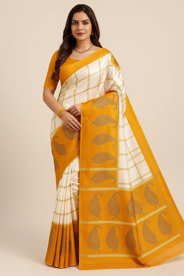 Art Silk Printed Saree for Women, Yellow