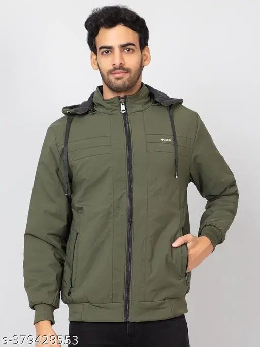 Cotton Blend Full Sleeves Jacket for Men (Olive, L)