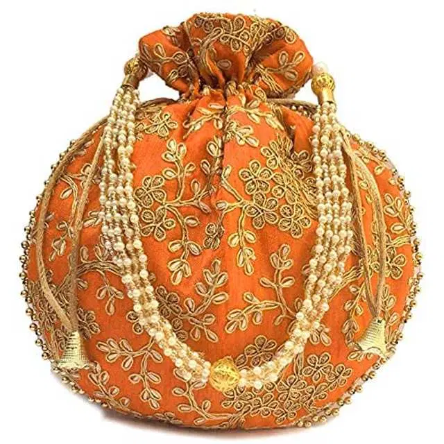 Cotton Silk Ethnic & Traditional Handheld Potli for Women, Orange, A-38