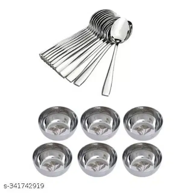 Stainless Steel 6 Pcs Bowls with 12 Pcs Spoon, Silver, Set of 2