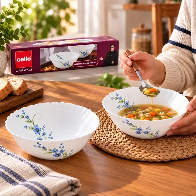 Cello Imperial Blue Creeper Multipurpose Bowl Set | Set of 2 | Microwave & Dishwasher Safe | Chip-Resistant Opalware | Serve & Store