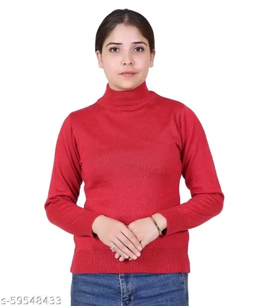 Hi-Neck Sweater for Women (Red, M)