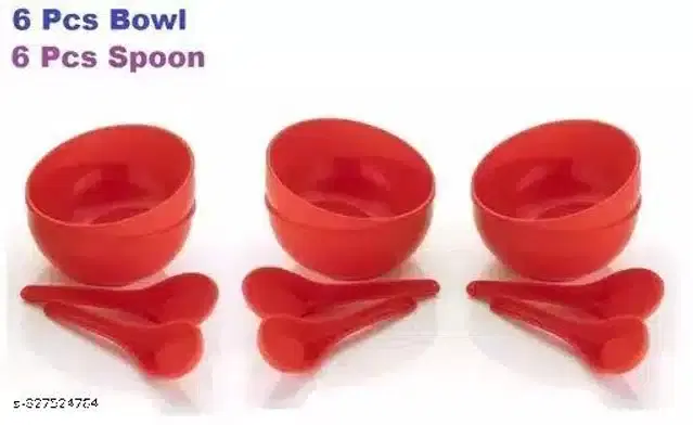 Plastic 6 Pcs Bowls, 250 ml with 6 Pcs Spoons, Red, Set of 2