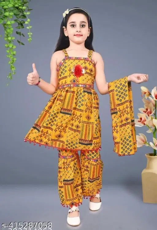RK TRADERS Ethnic Motif Mirror Work Cotton Palazzo Pants for Kids (Yellow, 9-10 Years)