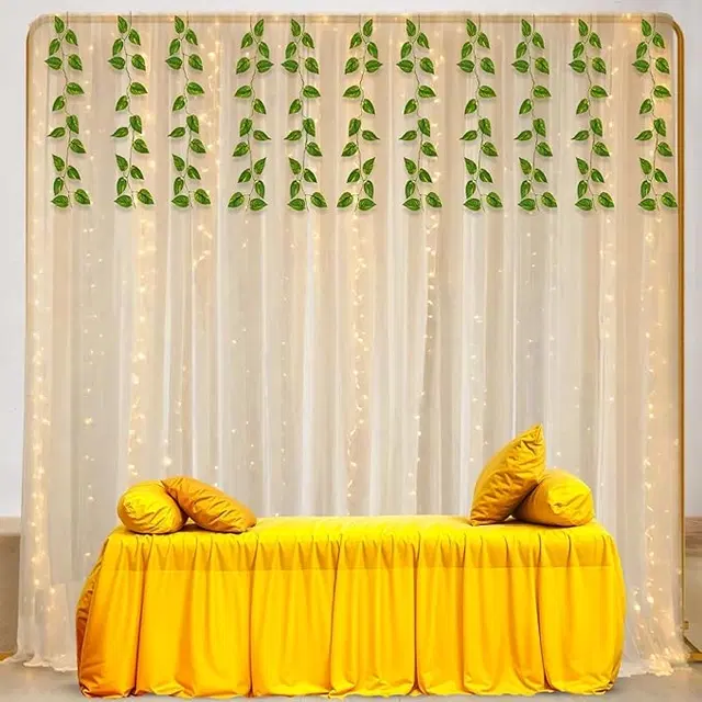 Net Backdrop for Decoration with Warm Yellow Led Light, 9m, Artificial Green Leaves -8 Pcs, Pack of 1