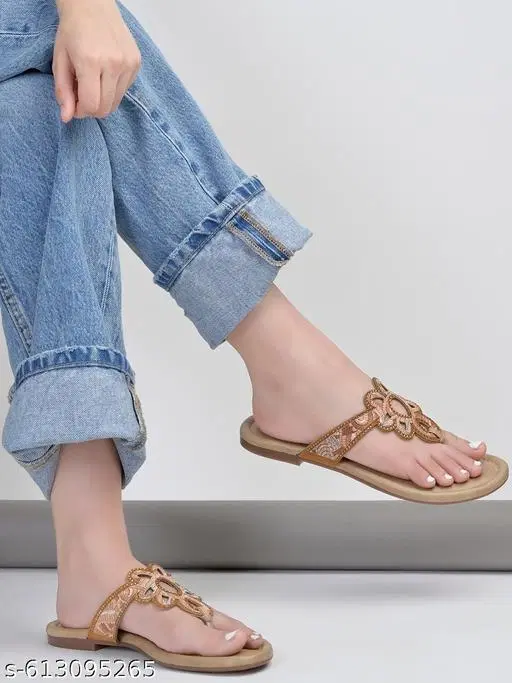 Shoetopia Brown Embellished Flat Sandals (Size IND-9)