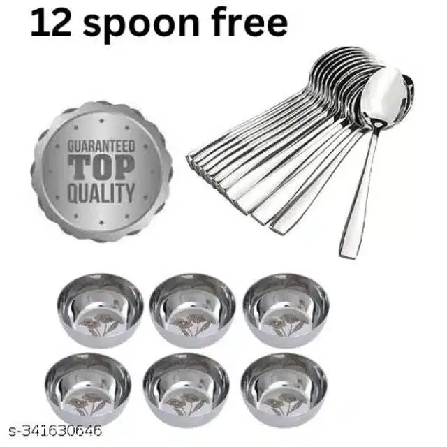 Stainless Steel 6 Pcs Bowls with 12 Pcs Spoon, Silver, Set of 2