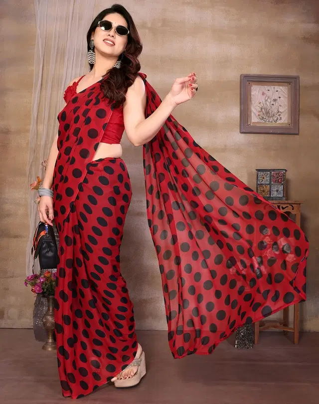 Georgette Saree for Women, Polka Dot (Red, Free Size)