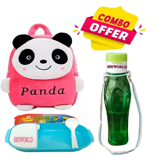 Combo of Fabric School Bag, Water Bottle with Lunch Box for Kids, Multicolor, Set of 3