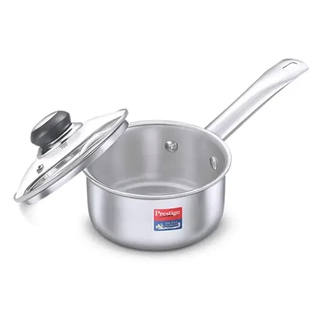 Prestige Tri Ply Splendor Stainless Steel Gas And Induction Compatible Sauce Pan With Glass Lid, 14cm, 1.1 L (Silver)