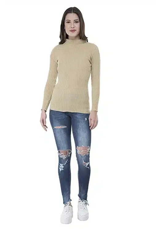Womens' Full Sleeves High Neck Sweater (Cream, M) (SC-14)