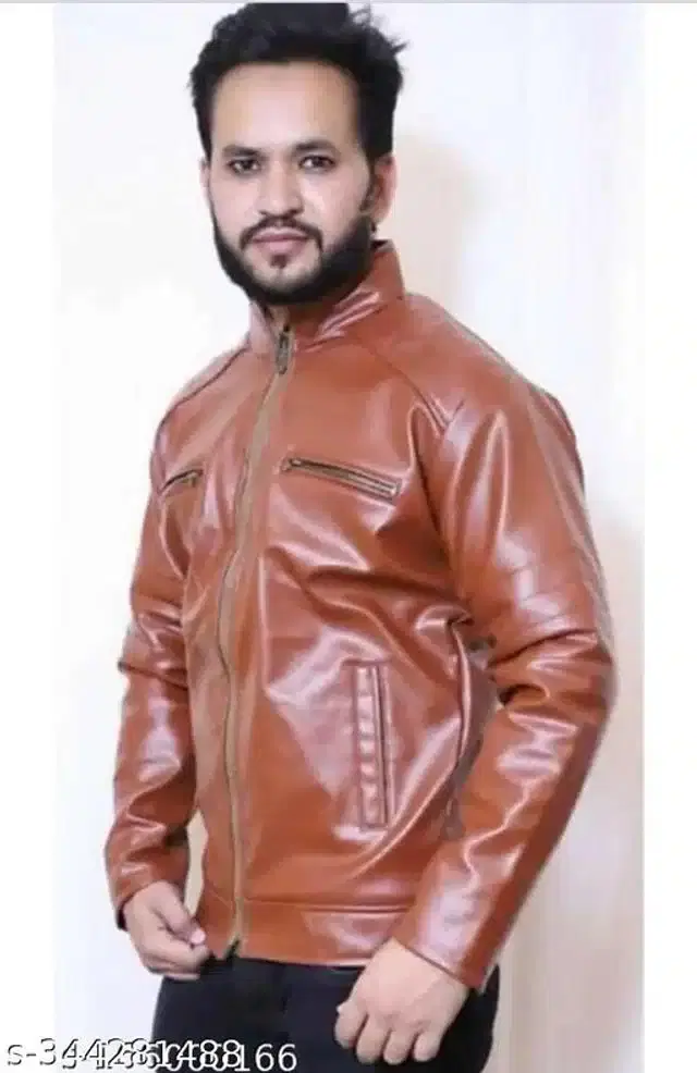 Synthetic Leather Jacket for Men (Brown, L)