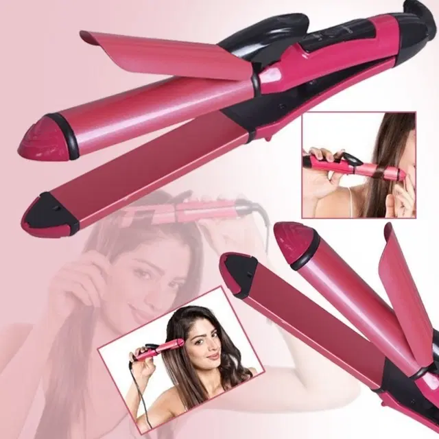 Aluminium 2-in-1 Hair Straightener cum Curler for Women, Pink & Black, 100 W