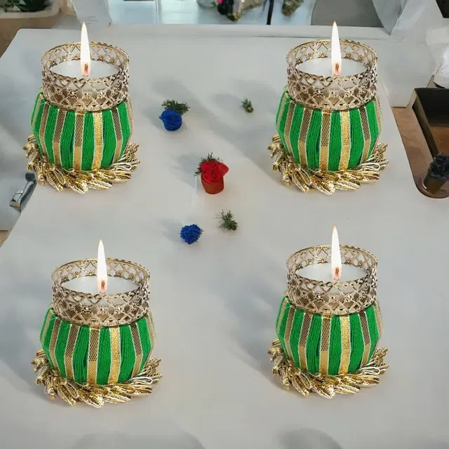 Metal Designer Tealight Candle Holder, Green, 5x5x6 cm, Pack of 4