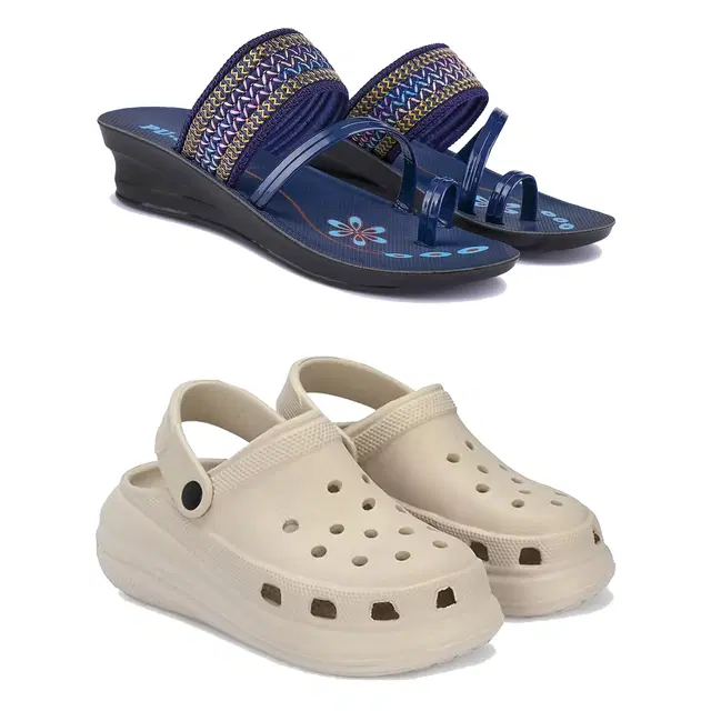 Combo of Sandals & Clogs for Women, Pack of 2 (Blue & Beige, 5)