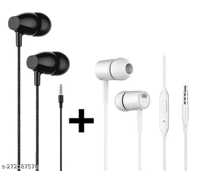 Premium 3.5 mm Jack Wired Earphones, Black & White, Pack of 2