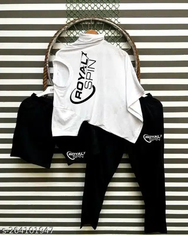Half Sleeves T-Shirt with Trackpant & Shorts, Set of 1 (White & Black, S)