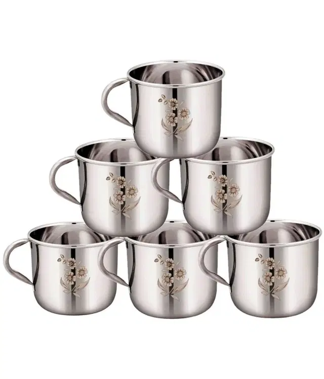 LEROYAL Stainless Steel Tea Cup, Pack of 6, Silver