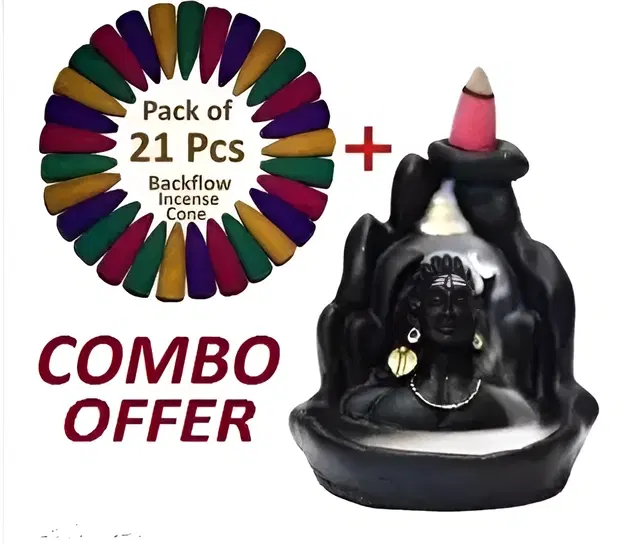 Poly Resin Decorative Aadiyogi Mahadev Incense Holder with 21 Pcs Cones, Multicolor, Set of 1