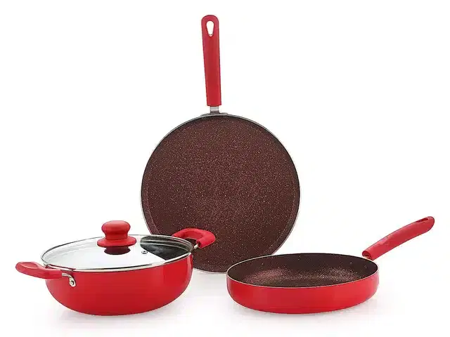 Aluminium Non Stick Tawa, Sauce Pan & Kadahi with Lid, Red, Set of 3