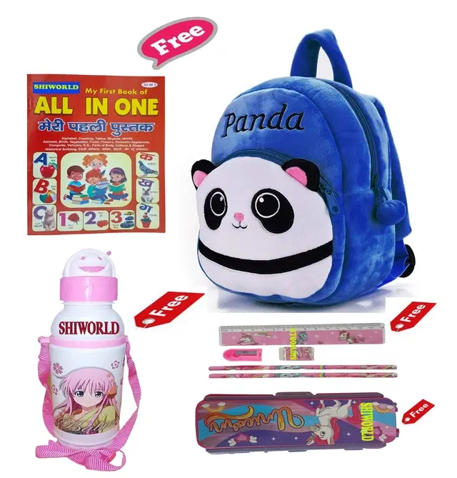 Combo of Kids Cartoon Bag Backpack, All In One Book, Water Bottle & Gift Set Geometry Set, Multicolor, Set of 1