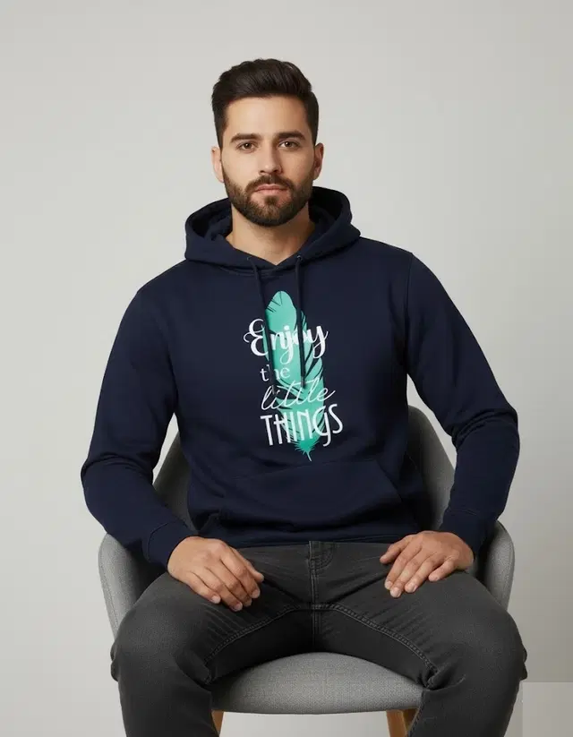 Fleece Printed Hoodie for Men, Navy Blue (M)