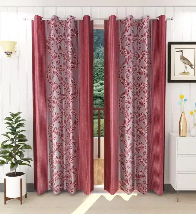 Polyester Printed Window & Door Curtains, Pack of 2, Maroon, 5 feet