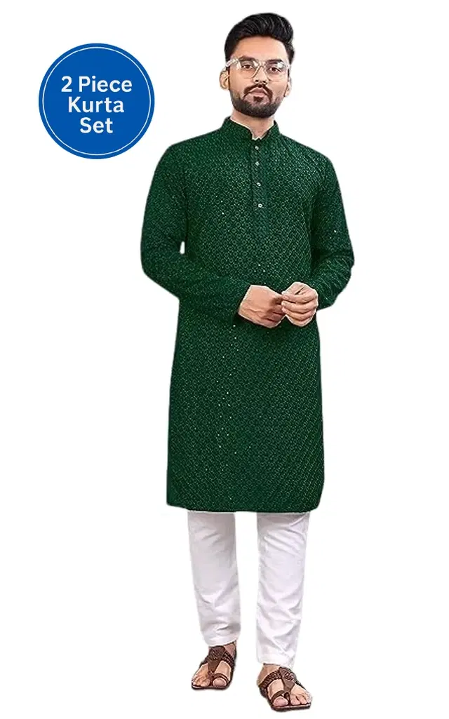 Cotton Blend Shiny Sequin Kurta for Men, Green (M)
