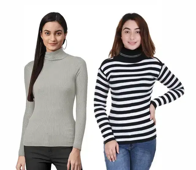 Full Sleeves Solid Sweater for Women, Pack of 2 (Grey & White, S)