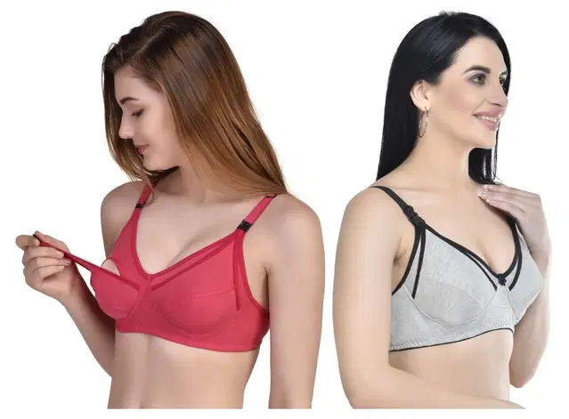 Cotton Blend Solid Non Padded Feeding Bras for Women, Pack of 2 (Multicolor, 2XL)
