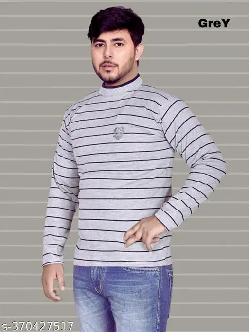 Woolen Striped Sweater for Men (Grey, M)