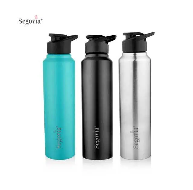 Segovia Aqua Single Walled Stainless Steel Sports Water Bottle with Sipper Cap, Pack of 3, Assorted, 1000 ml, SS-11