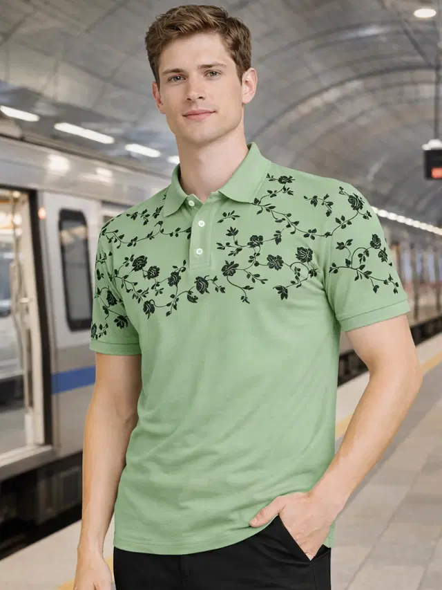 Polo Printed Cotton Blend T-shirt for Men (Green, M)