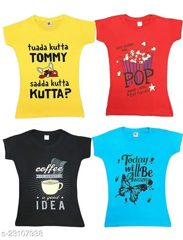 Cotton Half Sleeves T-Shirt for Girls, Pack of 4 (Multicolor, 12-18 Months)