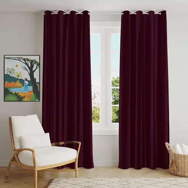 Polyester Solid Window & Door Curtains, Pack of 2, Wine, 5 feet