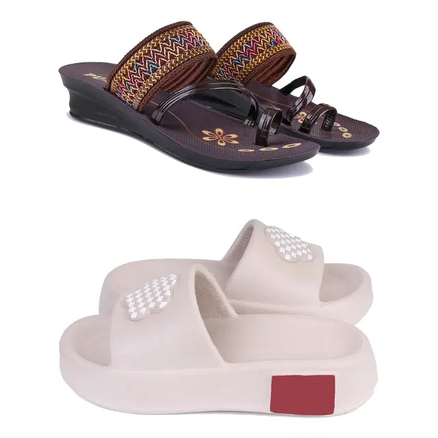Combo of Sandals & Sliders for Women, Pack of 2 (Brown & Cream, 7)