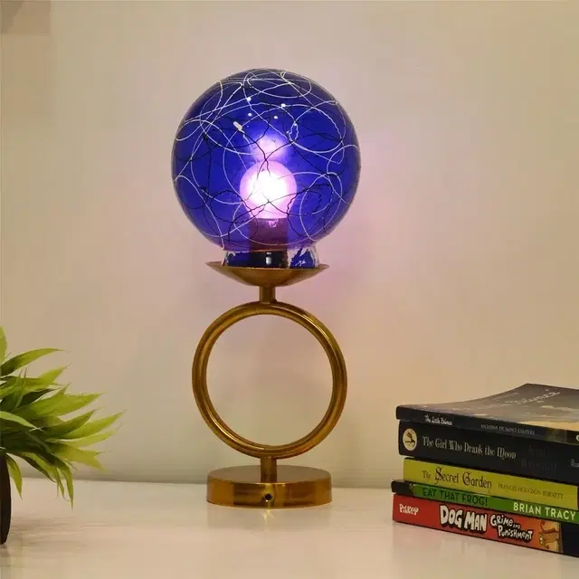 Crackle Glass Globe Table Lamp With Ring Stand (Blue)