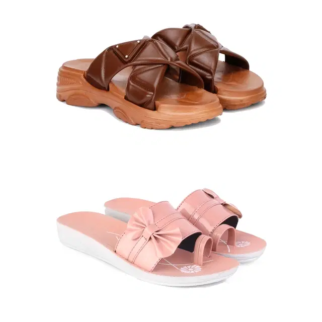 Combo of Sliders & Flats for Women, Set of 2 (Multicolor, 6)