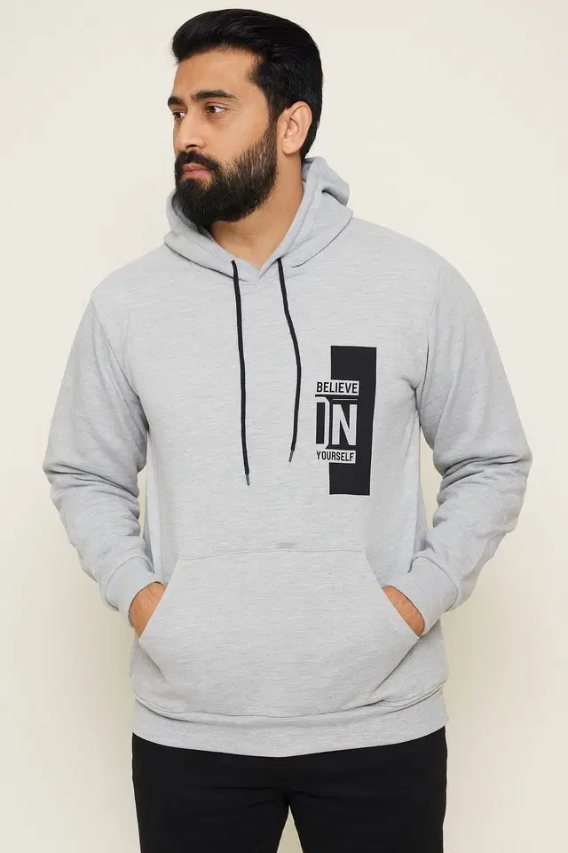 Full Sleeve Believe Printed Fleece Hoodie for Men, Grey (M)
